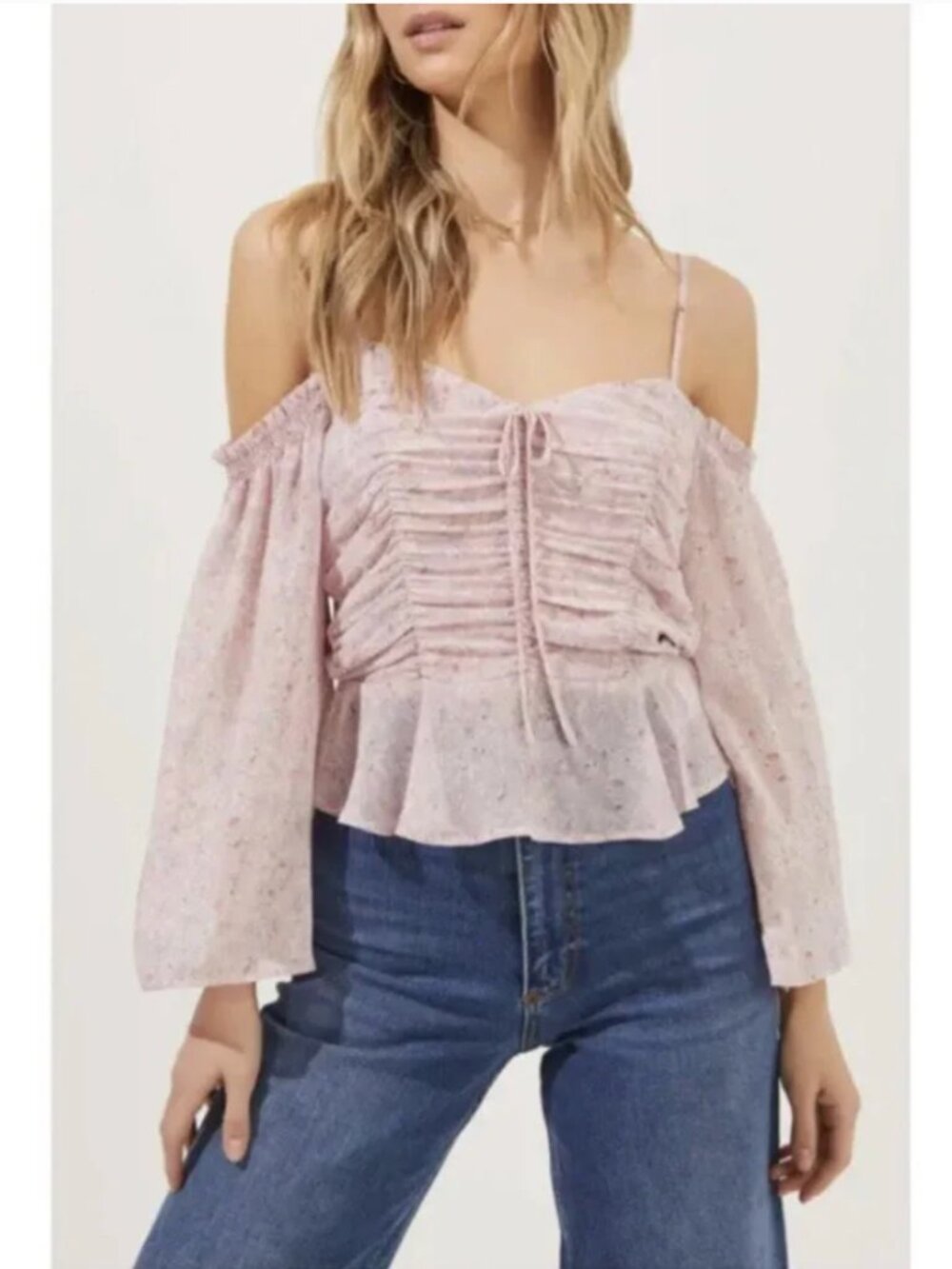 ASTR the Label Pink Ivory Multi Floral Off-The-Shoulder Ruched Top - Size Large